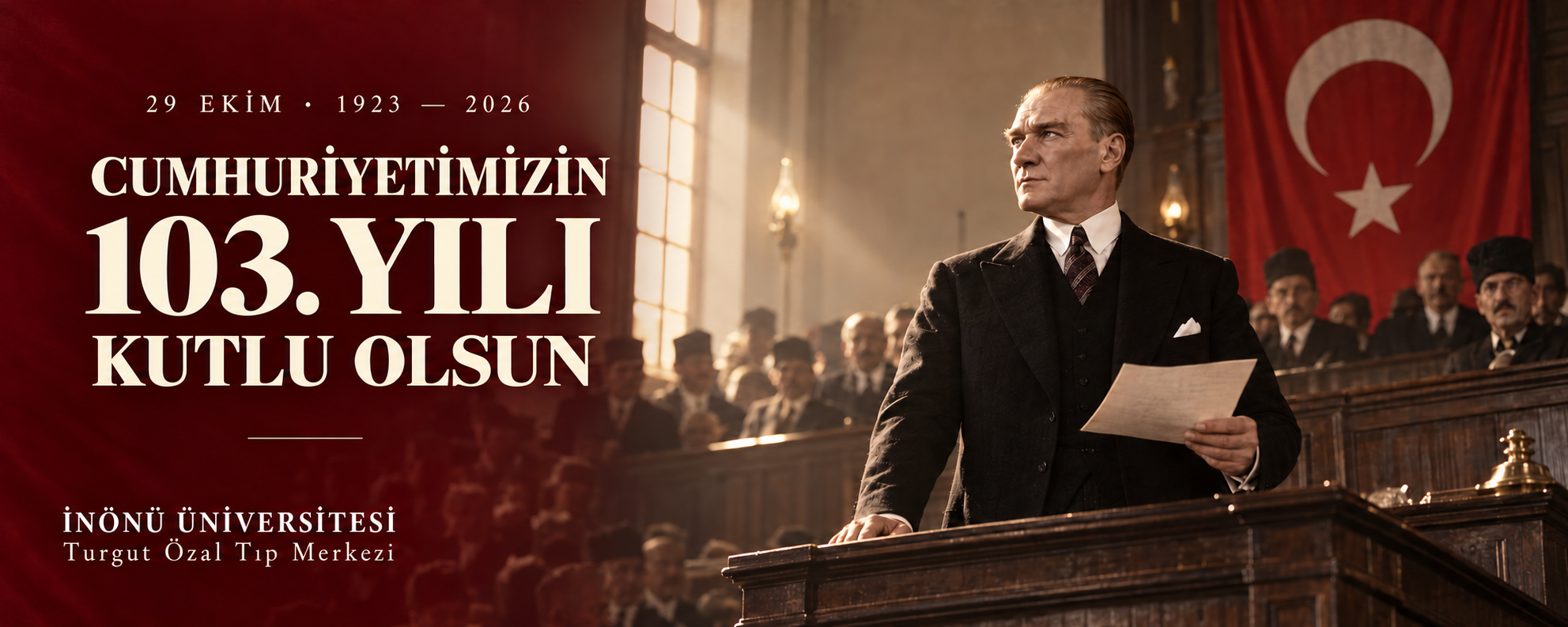 Cumhuriyetimizin 103. Yılı Kutlu Olsun — 29 Ekim 1923 — 2026. İnönü Üniversitesi Turgut Özal Tıp Merkezi.